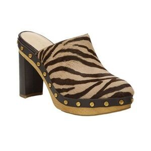 Veronica Beard Zebra Patterned Mules with Gold Studs
